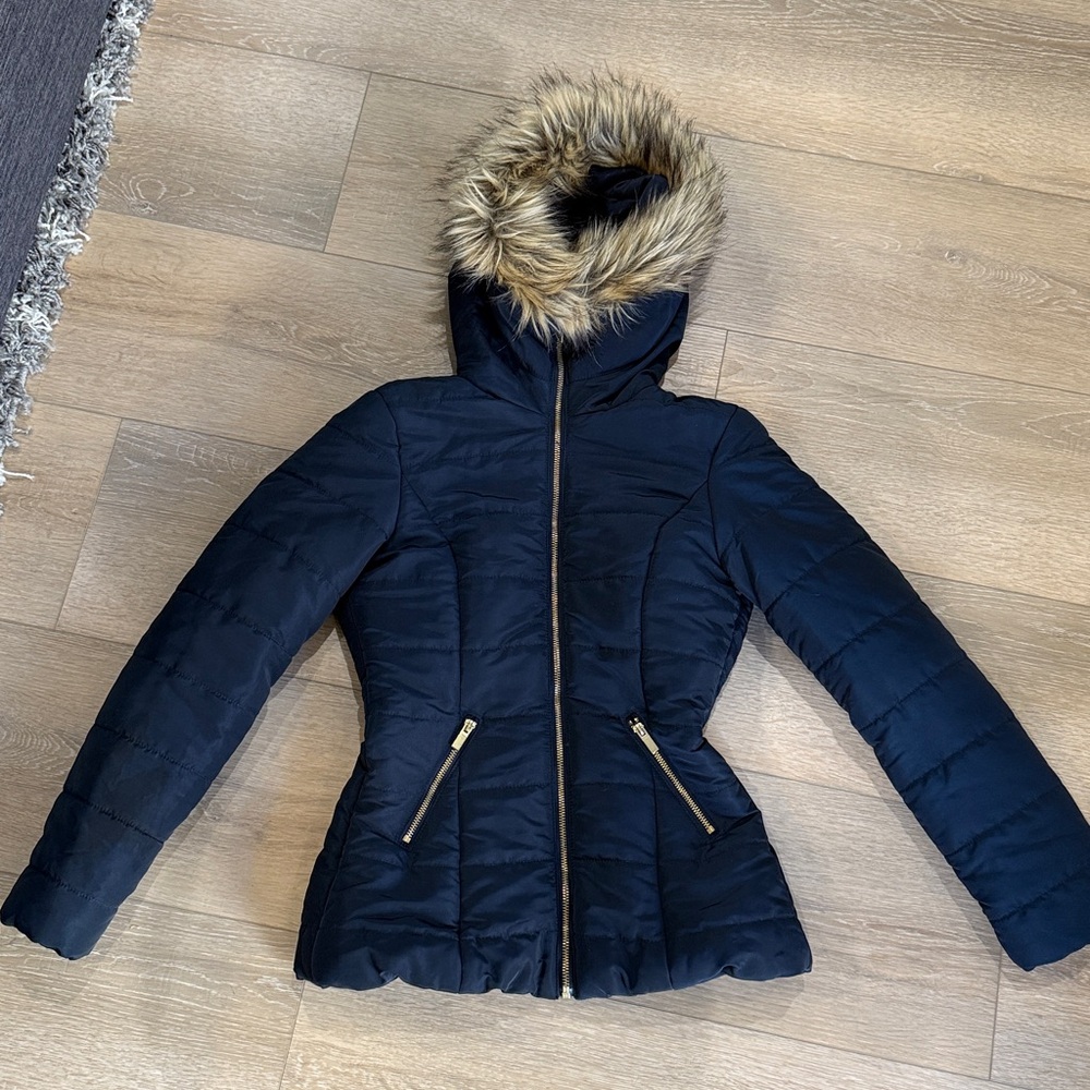 H&M Puffer Jacket Fur Hood Navy XS Size 4